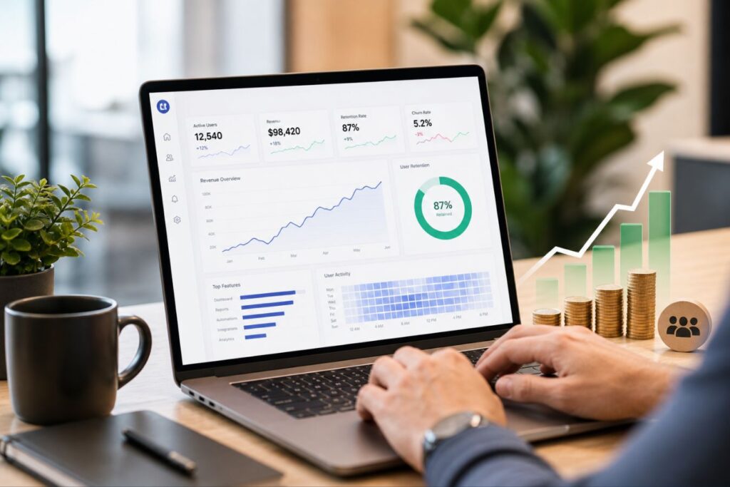 Minimalist data dashboard on laptop showing user retention metrics, revenue growth charts, and clean analytics interface designed to reduce churn and improve ROI in a modern workspace.