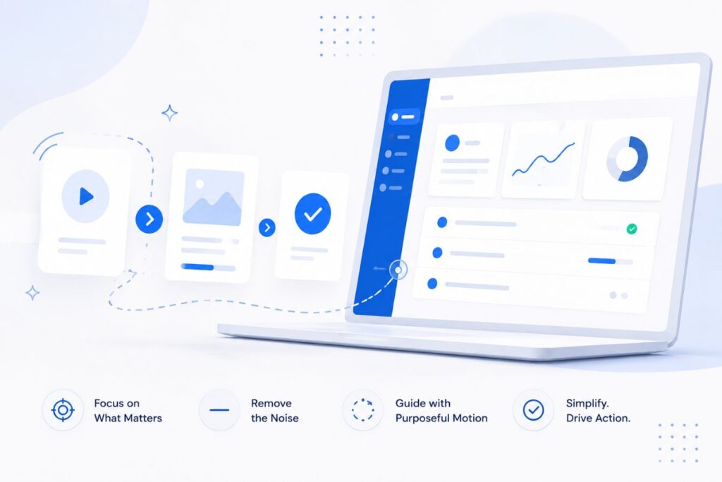 Minimalist SaaS dashboard illustration featuring clean UI panels and smooth micro-animation workflow elements designed to explain complex SaaS interactions with modern motion design aesthetics.