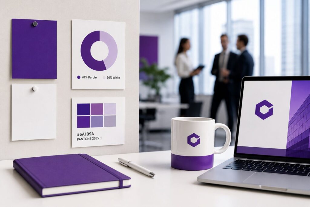 Minimalist purple and white corporate branding workspace with clean visual identity elements, modern office environment, and premium clutter-free brand design concept.