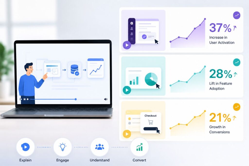 Modern SaaS dashboard with 2D micro-animations, analytics growth charts, and interactive UI elements demonstrating how motion design improves user engagement, feature adoption, and SaaS conversion rates.