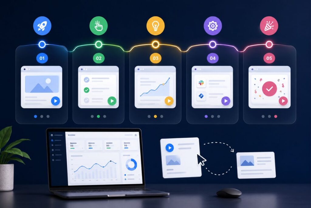 Professional SaaS dashboard interface showing 2D micro-animations across the user journey with interactive UI elements, onboarding flow, analytics screens, and motion-based user experience design.