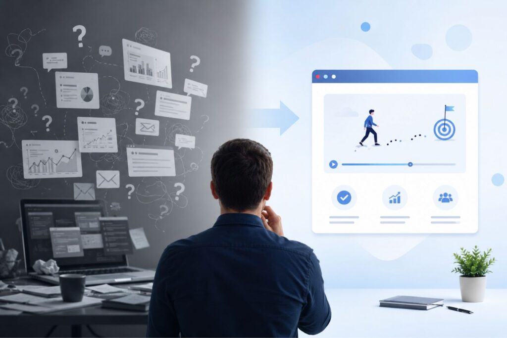 A man analyzing complicated SaaS dashboards and data on a cluttered screen transitioning into a clear, simple 2D micro-animation interface, representing how visual storytelling reduces cognitive overload in complex SaaS products.