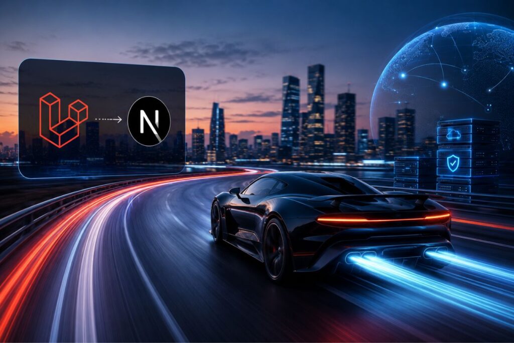 High-performance Next.js frontend connected to a Laravel backend infrastructure, illustrating edge computing, enterprise scalability, rapid content delivery, secure cloud architecture, and modern decoupled web application development.