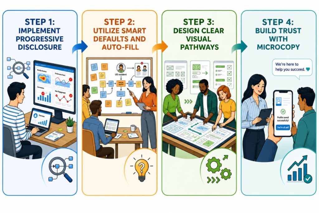 A professional 4-step UX design framework infographic illustrating strategies to solve user friction: Step 1 Implement Progressive Disclosure, Step 2 Utilize Smart Defaults and Auto-Fill, Step 3 Design Clear Visual Pathways, and Step 4 Build Trust with Microcopy.