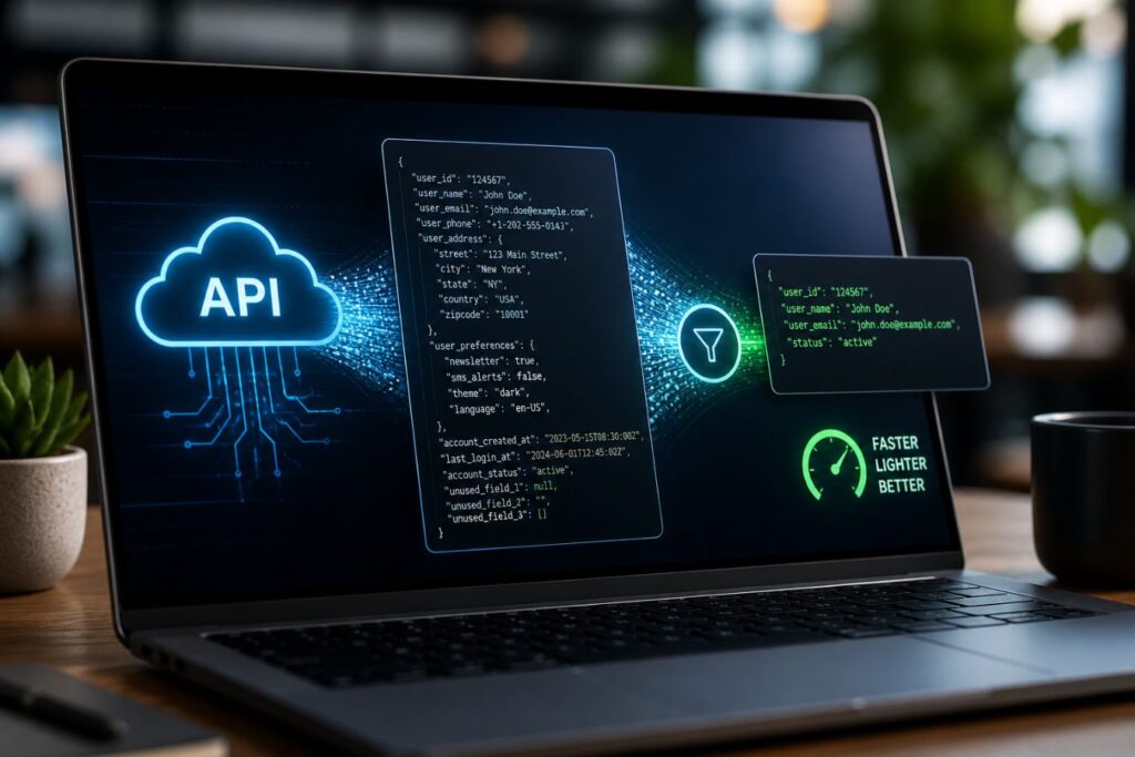 Architecture deep dive illustration showing optimization of API payloads for speed, highlighting scalable system performance, modern backend structure, and performance bottlenecks resolution.