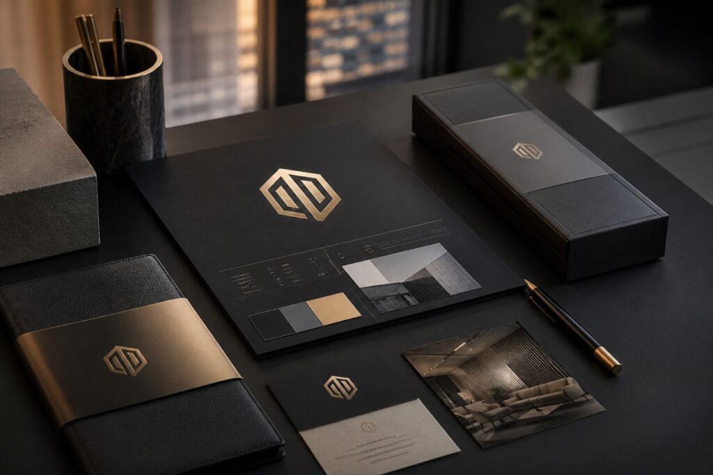 Premium brand identity mockup featuring elegant corporate branding elements with luxury design aesthetics representing business growth and high-value branding strategy
