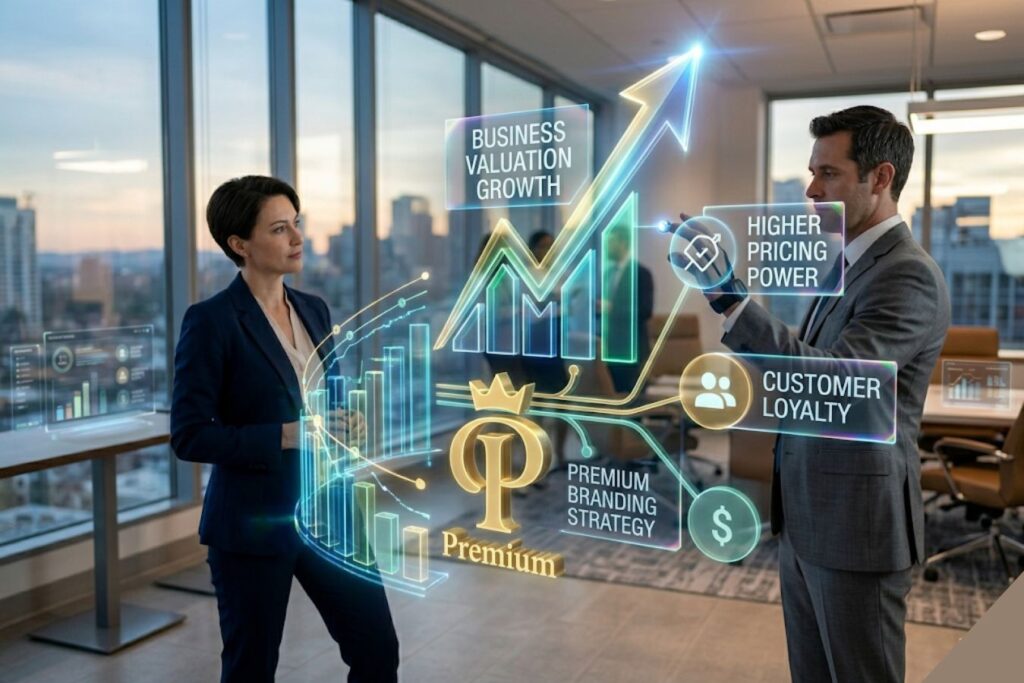 Two business professionals analyzing an infographic on a digital display that shows the correlation between premium branding strategy, business valuation growth, and customer loyalty in a modern office setting.