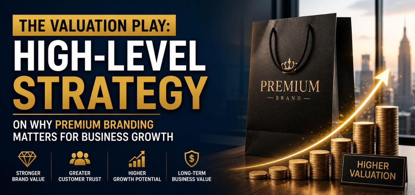 Premium branding strategy illustration showing luxury brand packaging, rising financial growth graph, and coins symbolizing high business valuation and long-term growth success