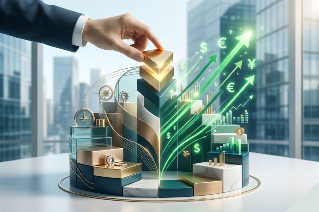 A high-end conceptual 3D visualization of a business growth chart featuring marble and gold architectural elements, with a hand placing a final golden piece to represent the direct link between premium branding aesthetics and financial ROI.