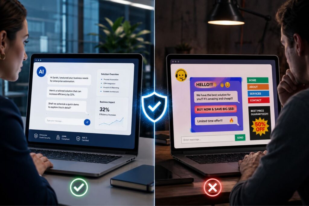 Professional AI sales agent interface compared with cheap, untrustworthy chatbot design, showing how high-quality UI builds trust in complex B2B funnels.