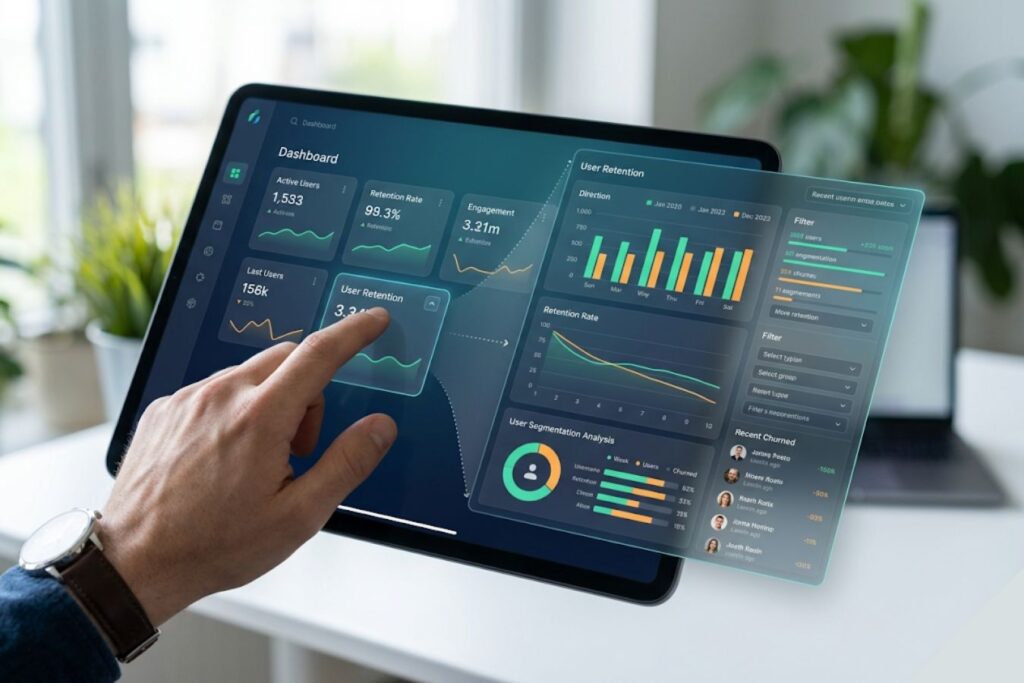 Minimal data dashboard on a laptop screen demonstrating progressive disclosure in UI design, highlighting user retention strategy with clean analytics interface in a modern workspace setting