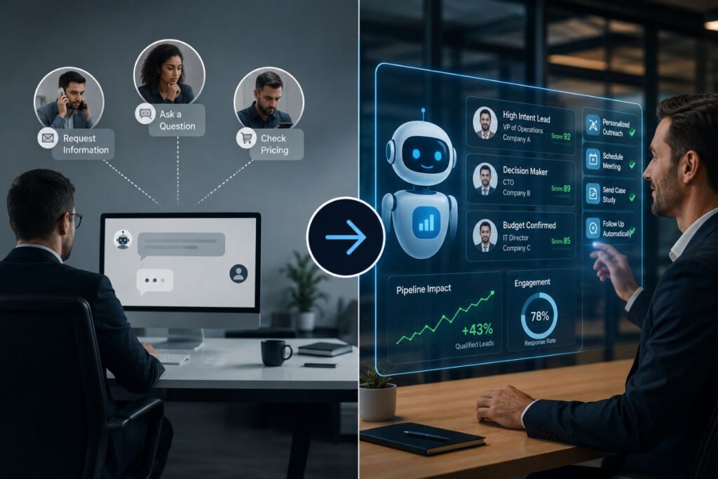 Modern comparison of reactive chatbot workflows versus proactive AI sales agents in a complex B2B sales funnel, showing intelligent lead engagement, predictive automation, and AI-driven sales optimization in a professional corporate environment.