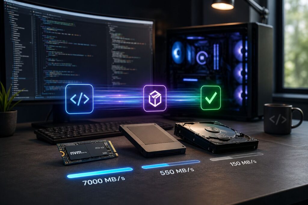 High-performance full-stack developer workstation showcasing NVMe SSD read and write speeds, coding environment, and modern PC setup designed to eliminate software build bottlenecks.