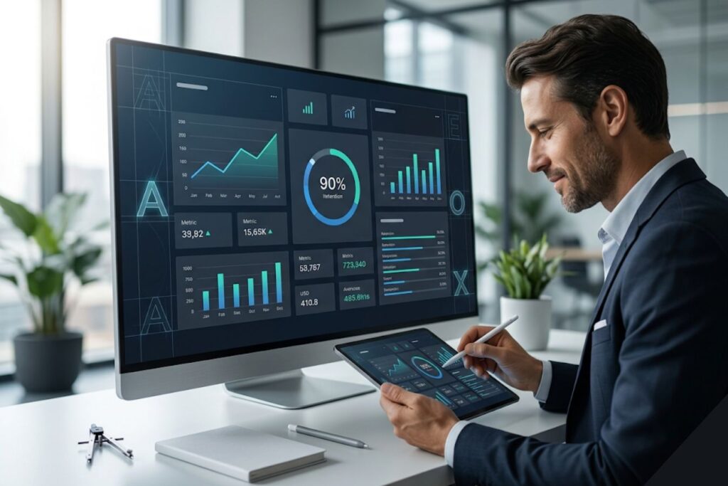 A professional UI/UX designer working on a premium, minimal data dashboard featuring clean typography and a 90% retention metric to reduce user churn.