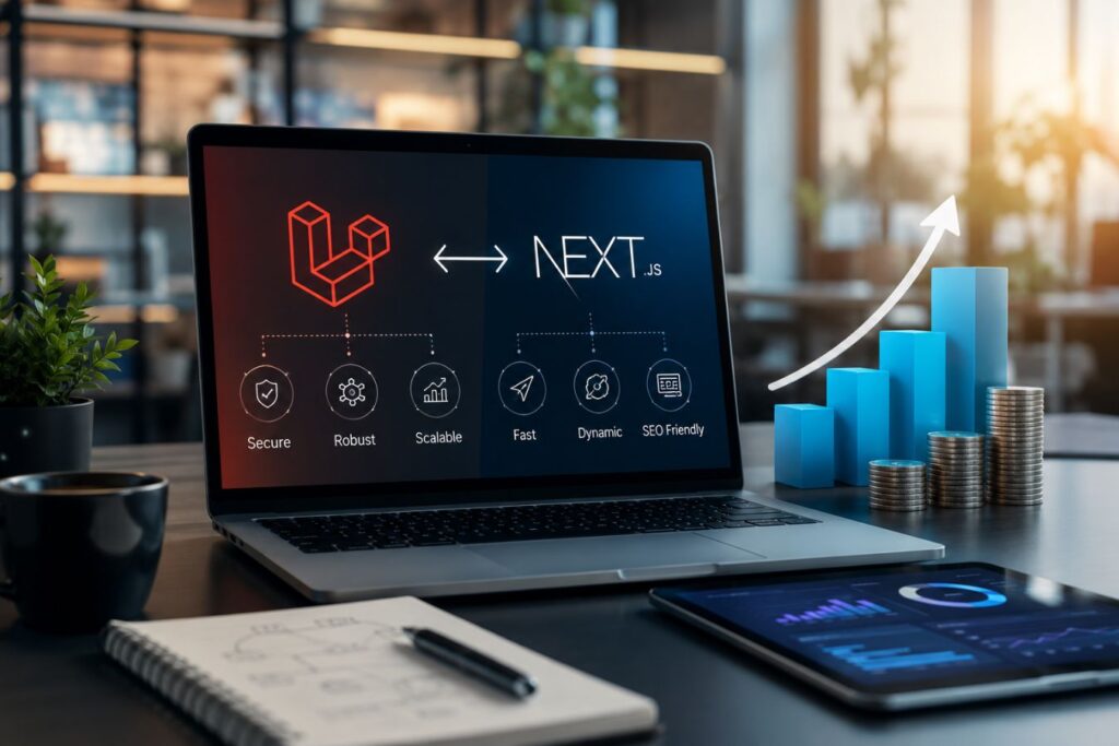 ROI of future-proofing enterprise applications through Laravel backend and Next.js frontend architecture, showing scalable system growth, improved performance, secure digital transformation, and long-term business value.