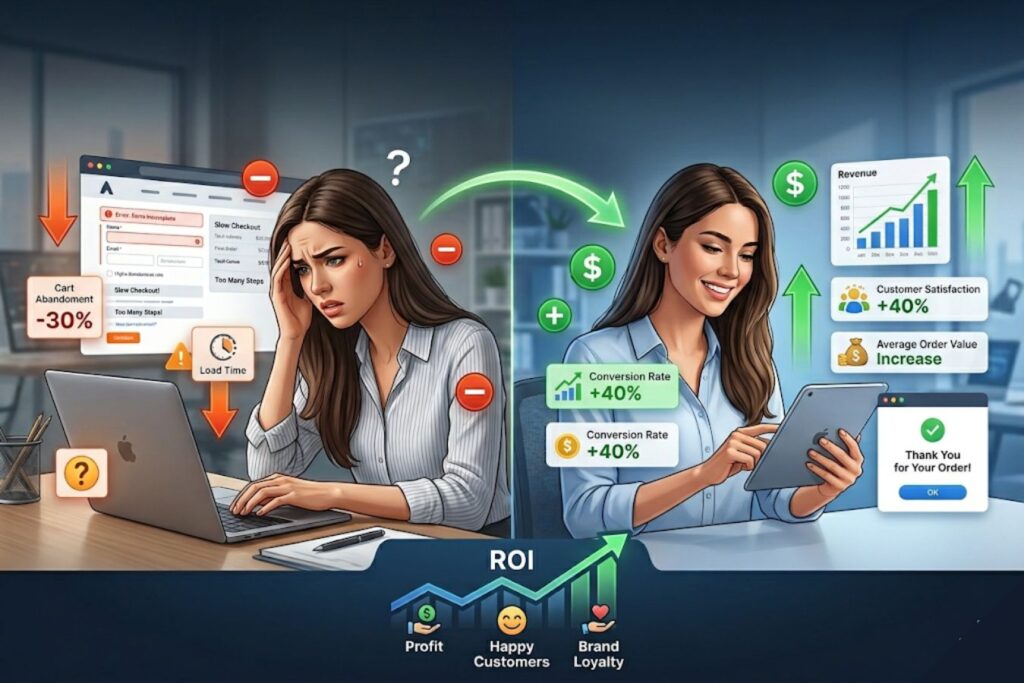 A professional split-screen illustration comparing the impact of UX friction versus a seamless user experience. On the left, a frustrated user encounters high friction with slow checkout and errors; on the right, a happy user experiences a streamlined interface with data charts showing increased conversion rates, revenue growth, and improved customer satisfaction.