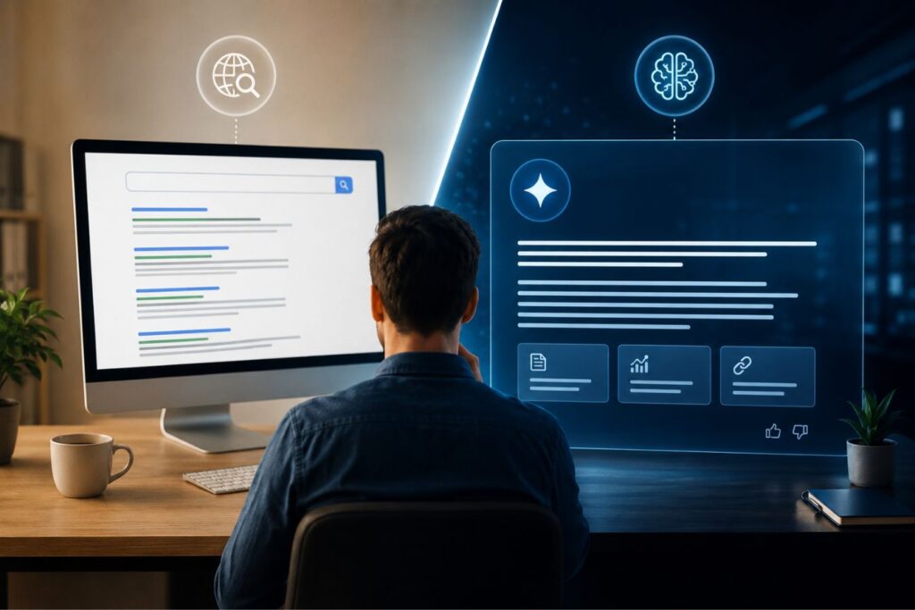 Comparison of traditional search engine results and AI-powered answer engine summaries displayed on a split-screen interface, representing the shift from search-based SEO to AI-driven answer engine optimization in modern digital marketing.