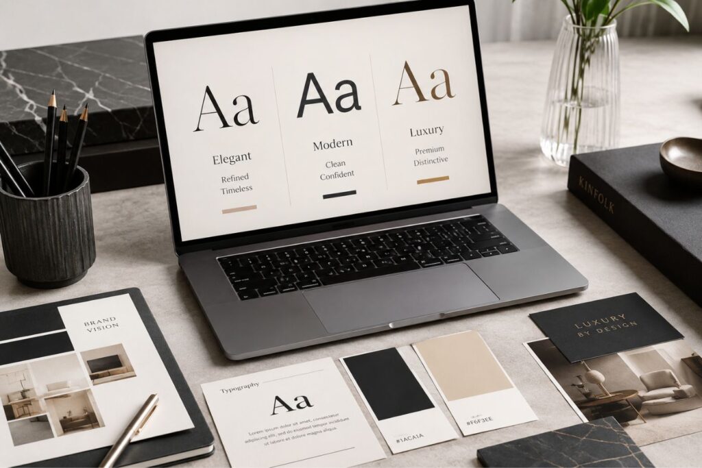 Premium typography selection and brand positioning concept featuring a modern designer workspace with font hierarchy comparisons, luxury branding materials, custom CSS font rendering examples, and professional web design elements focused on premium brand aesthetics and user experience.