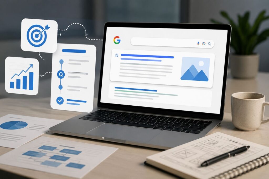 Professional SEO optimization workspace featuring custom 2D motion graphics, bespoke infographic elements, search engine interface visuals, analytics charts, and answer engine formatting concepts on a modern desktop setup.