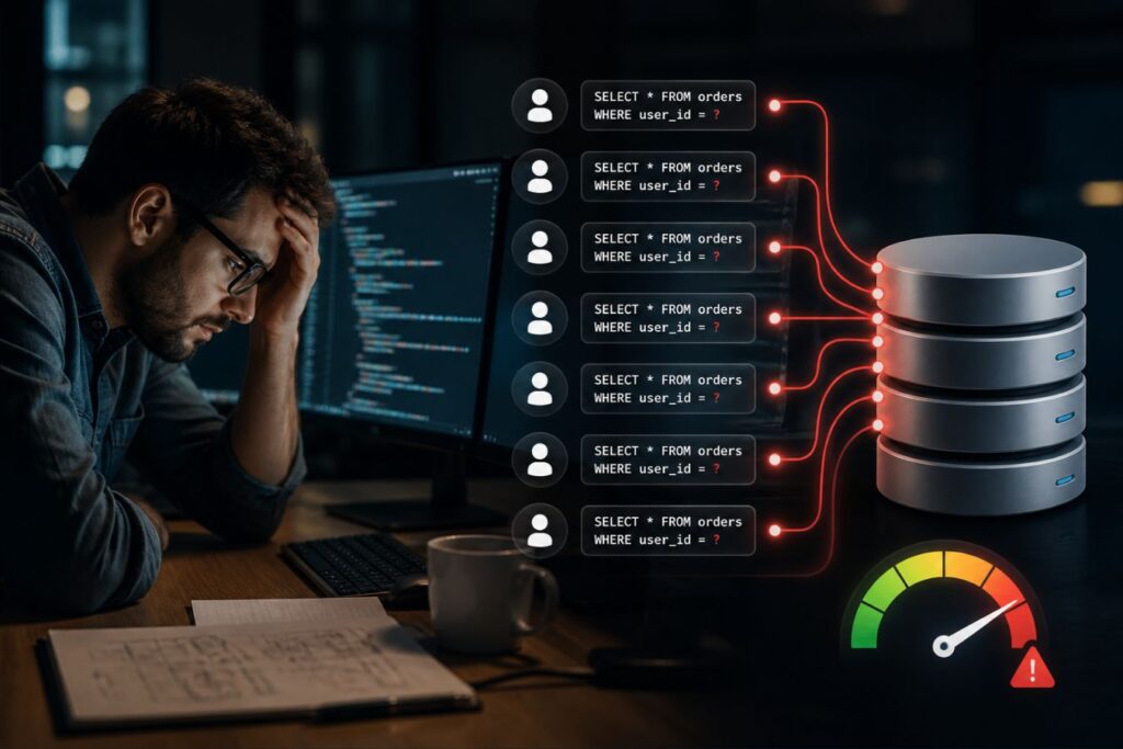 A professional software engineering scene illustrating the silent killer of database performance, showing a developer analyzing multiple screens with repeated database queries leading to server overload, symbolizing N+1 query problems and scalability bottlenecks in system architecture.