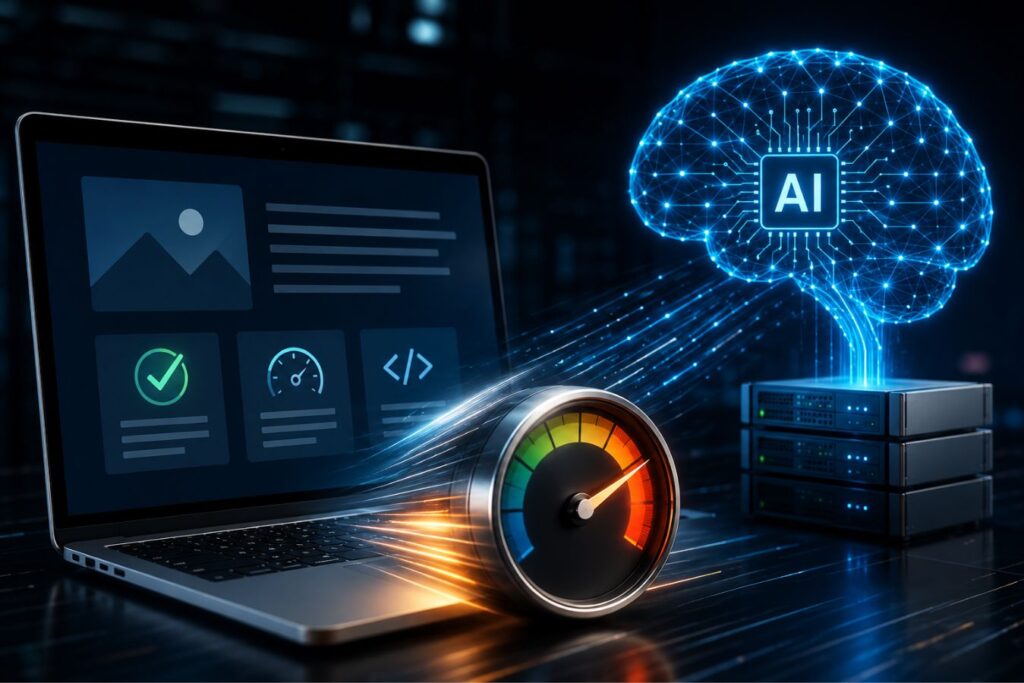 High-speed AI search engine infrastructure with modern website architecture, server optimization, and fast-loading SEO technology for AI-generated search summaries.