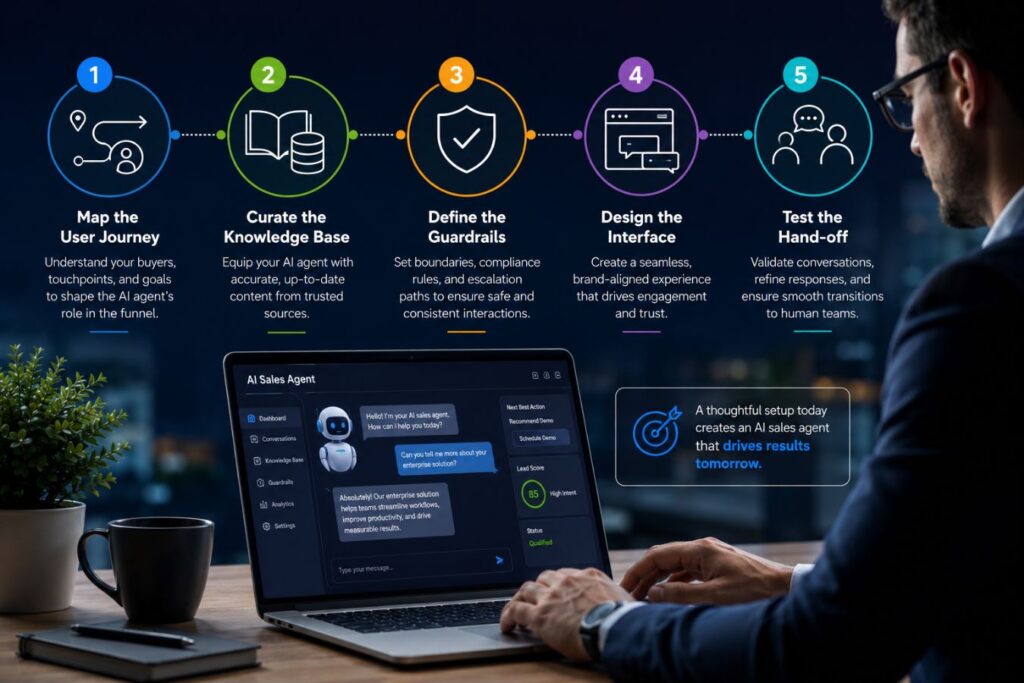 Step-by-step AI sales agent deployment process showing five key stages mapping the user journey, curating the knowledge base, defining guardrails, designing the interface, and testing the hand-off illustrated in a modern professional office environment. 