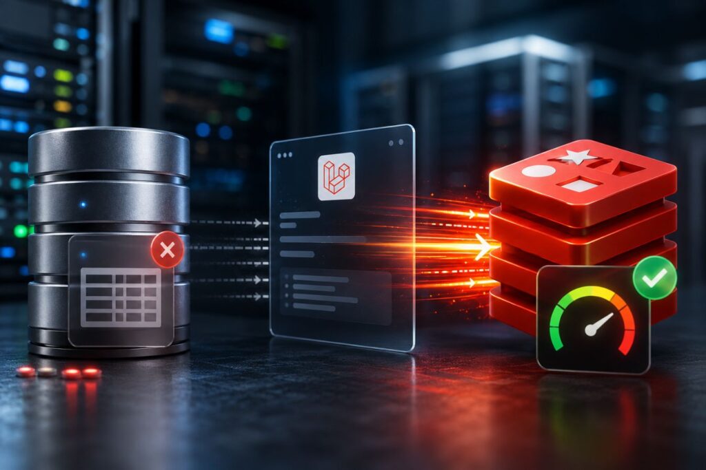 Strategic Redis caching architecture optimizing Laravel API performance with high-speed in-memory data retrieval, scalable backend infrastructure, database bypass techniques, and modern server technology for massive application scaling.