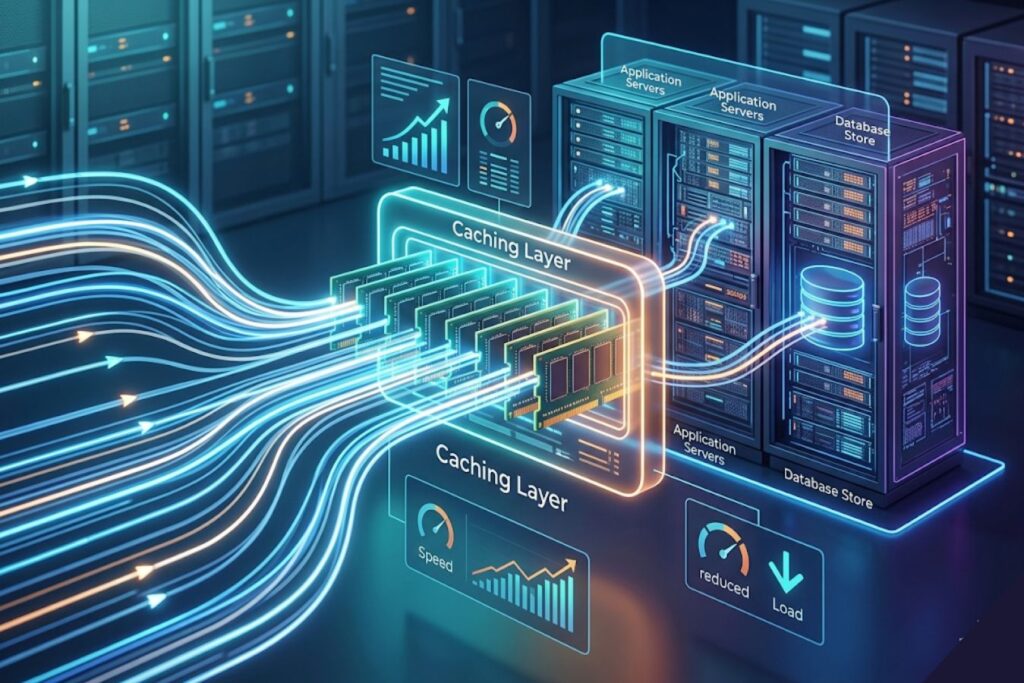A professional 3D architectural visualization of a server-side caching layer illustrating data flow between application servers and databases to resolve scaling and performance bottlenecks.