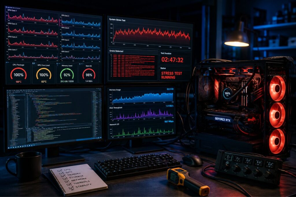 High-performance developer workstation stress testing setup with multiple monitoring screens, custom PC hardware, real-time system diagnostics, and coding environment for full-stack development and hardware benchmarking.