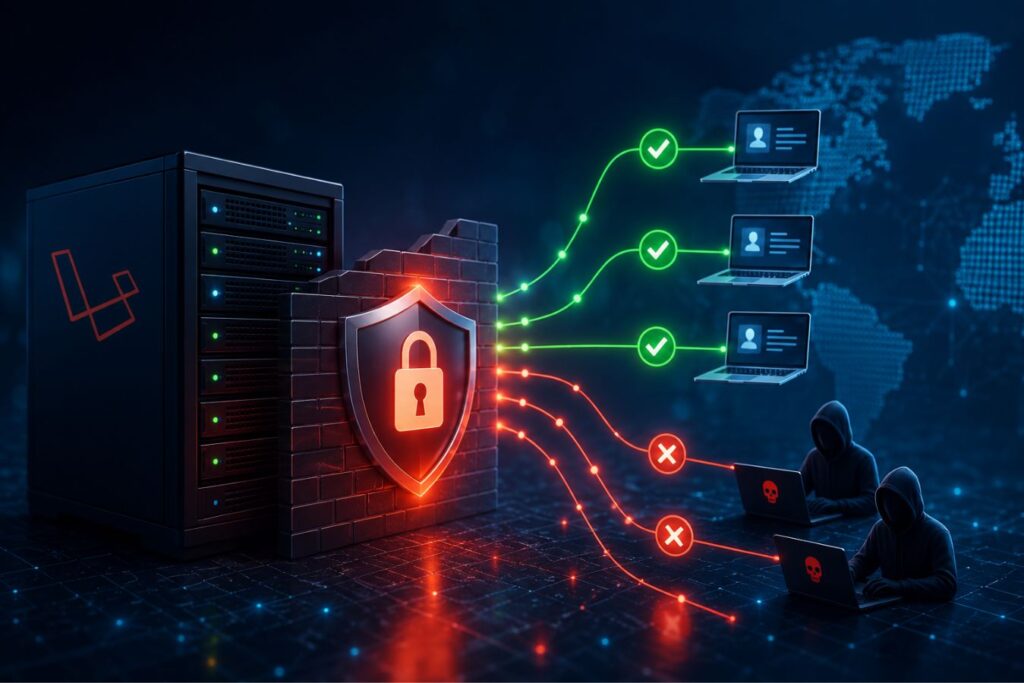Strict IP whitelisting firewall protecting a Laravel zero-trust API backend from unauthorized hacker access with secure server infrastructure and authenticated network connections.