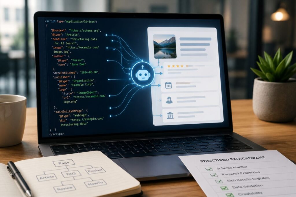 A modern workspace showing structured data JSON-LD code on a laptop transforming into AI-generated content cards, representing how to structure data for AI crawlers in advanced SEO strategies.