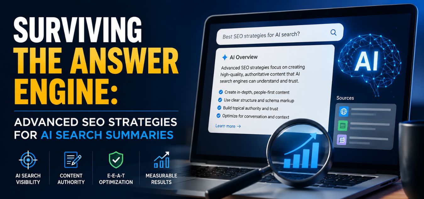 Professional thumbnail design for Surviving the Answer Engine: Advanced SEO Strategies for AI Search Summaries featuring AI-powered search results, SEO analytics dashboard, content optimization elements, and modern digital marketing visuals.