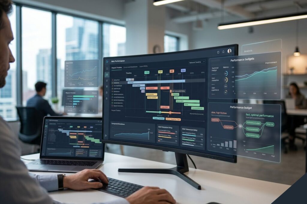 A professional analyzing detailed technical performance metrics and data visualizations on high-resolution screens, demonstrating how technical performance is the ultimate UX pillar, illustrating 'The Friction Breakdown'.