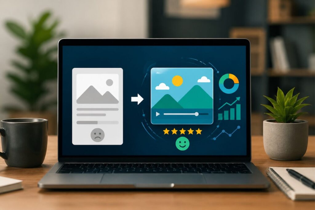 Professional custom 2D motion graphics and bespoke infographic design displayed on a modern laptop screen, showing how subtle animation and engaging visual content improve user engagement and support higher Google Image rankings.