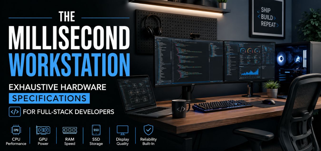 Modern high-performance workstation setup for full-stack developers featuring ultra-fast coding environment, multiple monitors, premium PC hardware, real-time analytics, and millisecond-speed development workflow.
