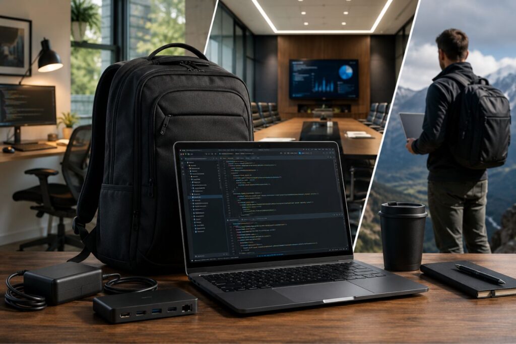 A premium, realistic workstation setup showing a backpack, laptop with code editor open, and developer accessories, representing portability and durability for full-stack developers working between home offices, boardrooms, and remote client sites.