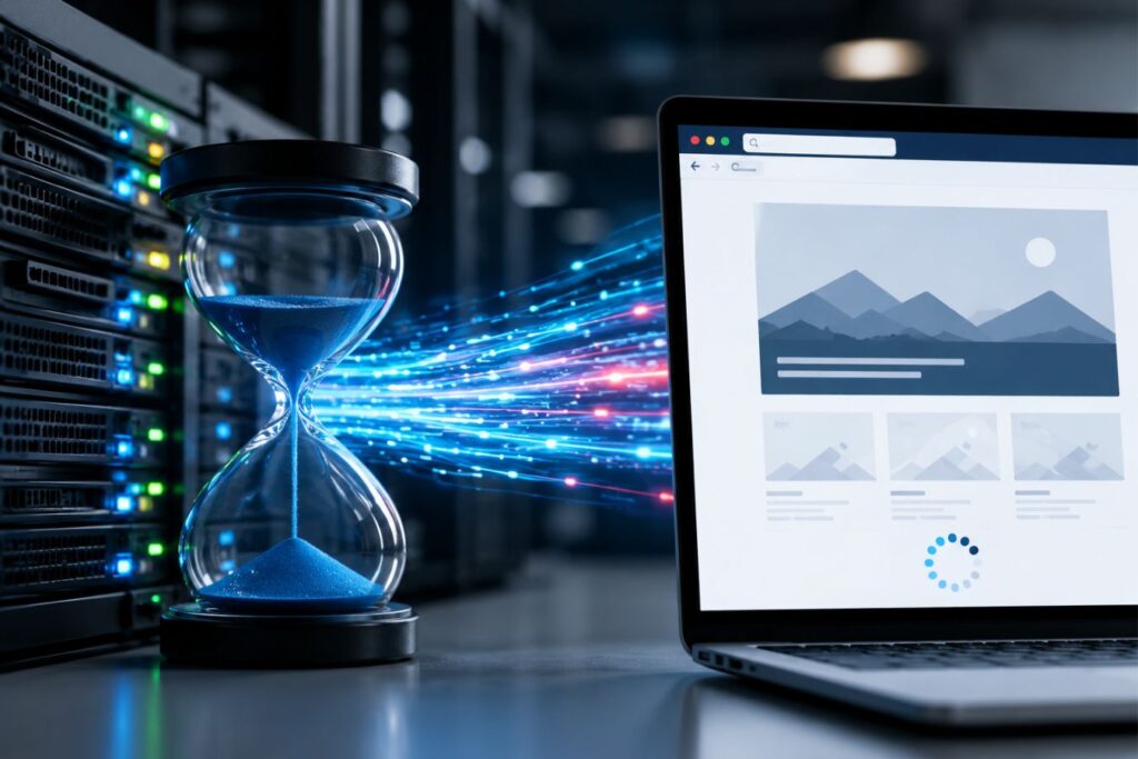 Photorealistic illustration of Time to First Byte (TTFB) optimization showing high-speed server response, data transfer streams, and website loading performance for Core Web Vitals and enterprise web optimization.
