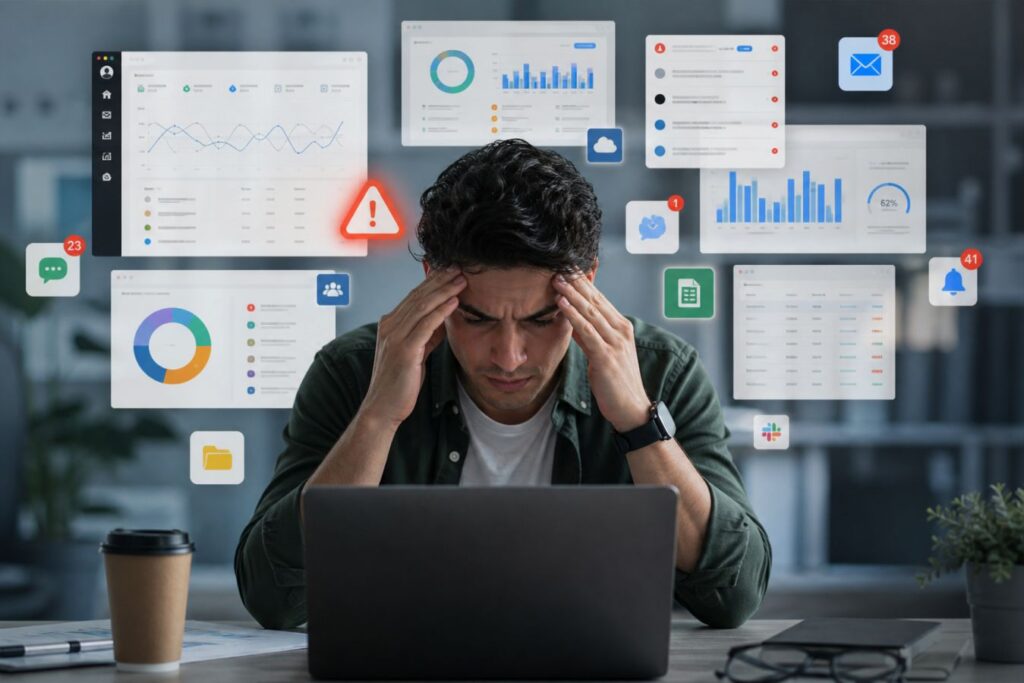 Professional dashboard user experiencing cognitive overload with multiple data panels and notifications, illustrating the impact of complex UI on user stress and churn reduction strategies