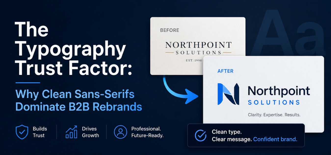 Modern B2B branding thumbnail showing clean sans-serif typography, corporate rebrand comparison, and professional trust-focused design elements representing why sans-serif fonts dominate modern B2B rebrands.