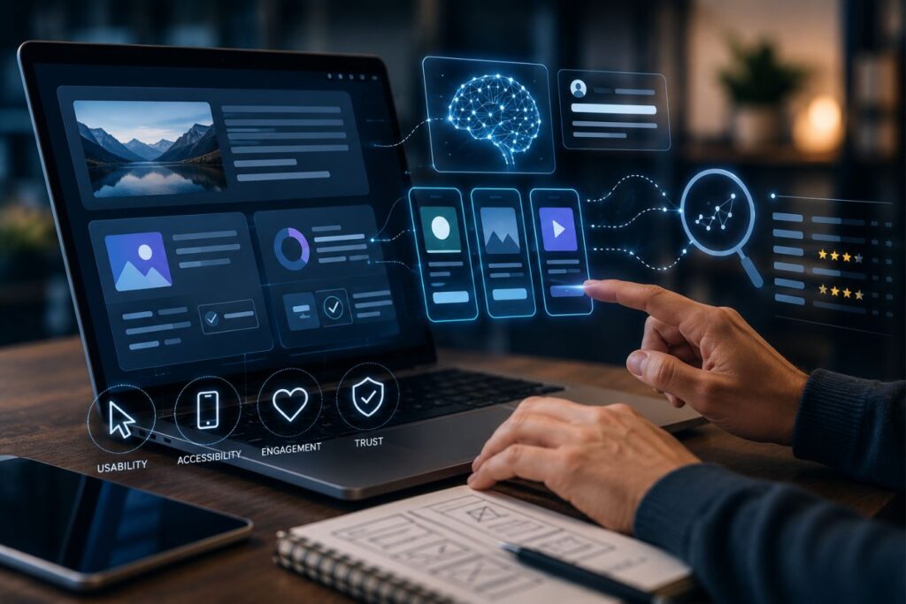 Modern UI/UX design interface with AI-driven data visualization, user experience analytics, and interactive website architecture for advanced SEO and AI search summaries.