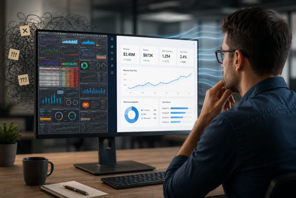 Professional B2B dashboard interface comparing cluttered analytics with a clean user-friendly UI to illustrate cognitive load, frictionless navigation, and improved data usability in modern business software.