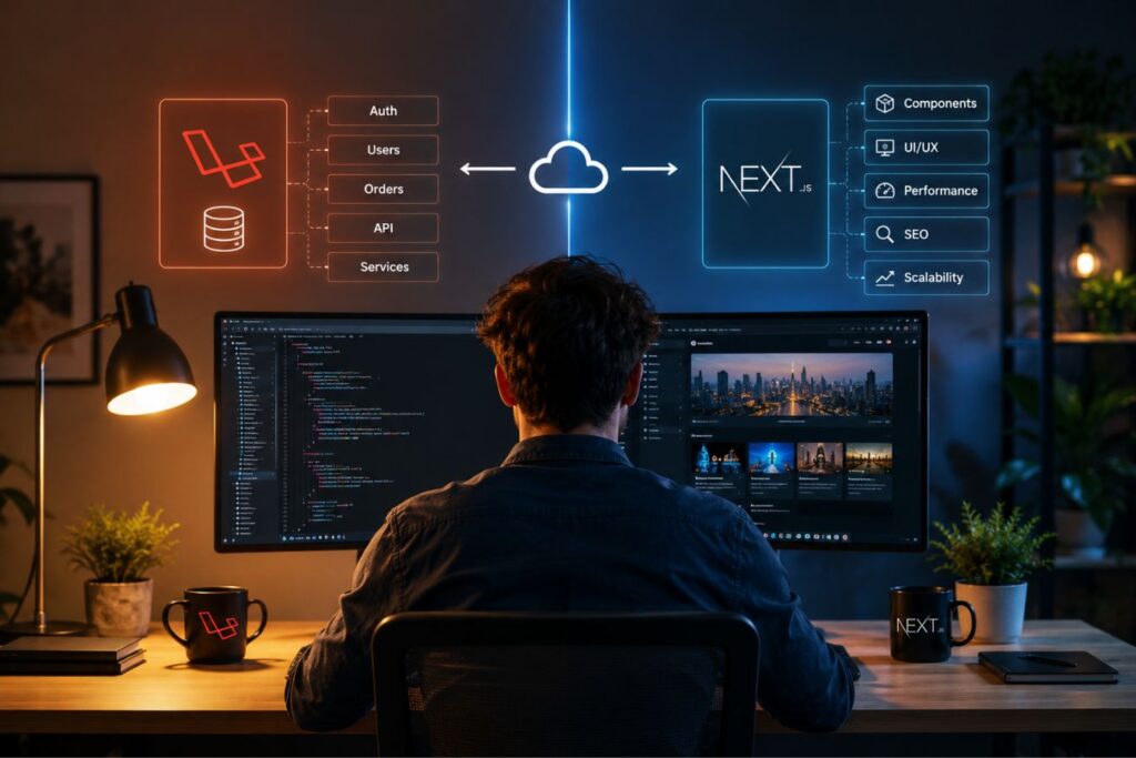 Developer building a scalable enterprise application with Laravel backend and Next.js frontend architecture, showcasing decoupled systems, creative freedom, modern web development, API-driven communication, and high-performance digital experiences.