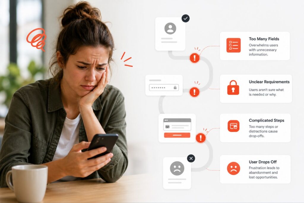 High-friction user experience illustration showing a frustrated user interacting with a mobile device alongside a UX flow diagram highlighting common usability issues such as too many form fields, unclear requirements, complicated steps, and user drop-off in a modern interface design.