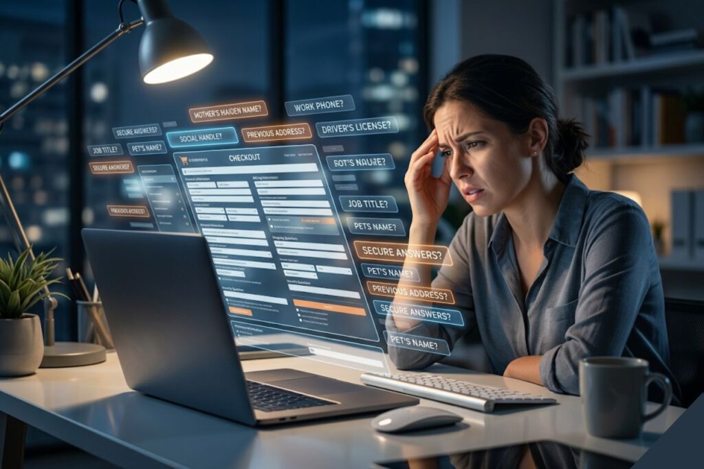 A stressed woman rubbing her temple while looking at an overwhelming online checkout form on a laptop, featuring numerous complex input fields and floating holographic questions that represent UX friction and customer frustration.