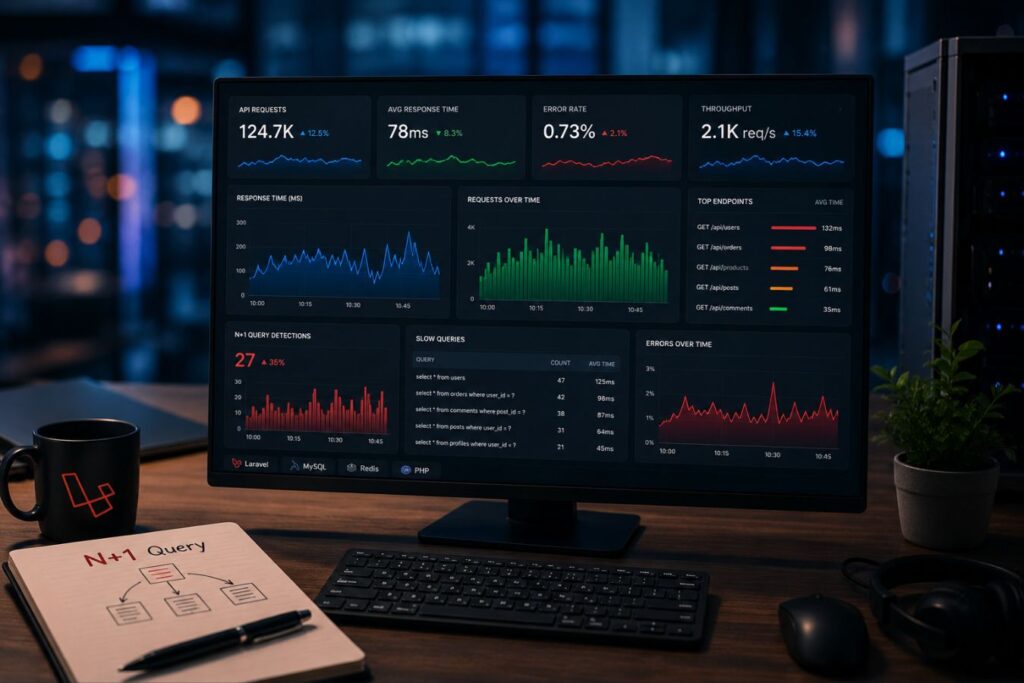 Professional dashboard-style visualization representing API performance monitoring and real-time visibility tools used to detect N+1 queries and optimize Laravel APIs for large-scale systems.
