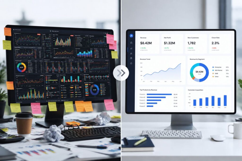 Professional split-screen B2B dashboard comparison showing complex data-heavy analytics interface versus clean and user-friendly dashboard design focused on data clarity, cognitive ease, and frictionless navigation in modern enterprise SaaS platforms.