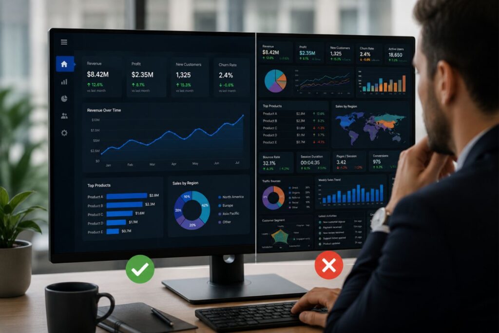 Professional B2B dashboard interface comparing clean visual hierarchy and cluttered data layouts, highlighting cognitive ease, frictionless navigation, and user-focused analytics design in a modern office environment.