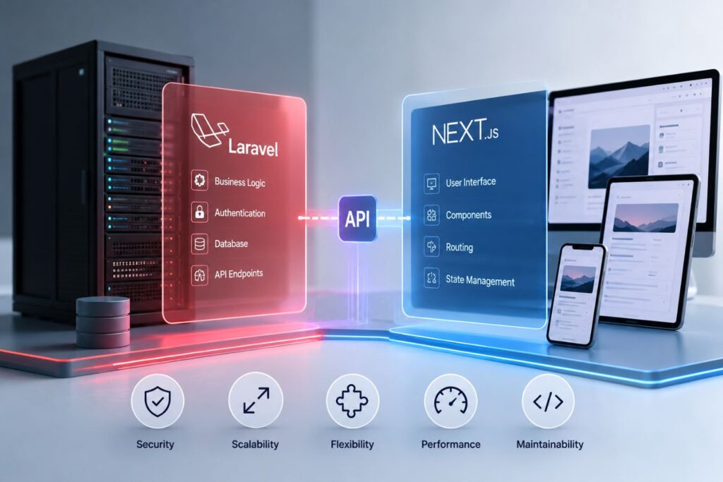 Professional illustration of a decoupled system architecture showing a Laravel backend and Next.js frontend connected through APIs, demonstrating enterprise scalability, flexibility, security, performance, and maintainable modern web application development.