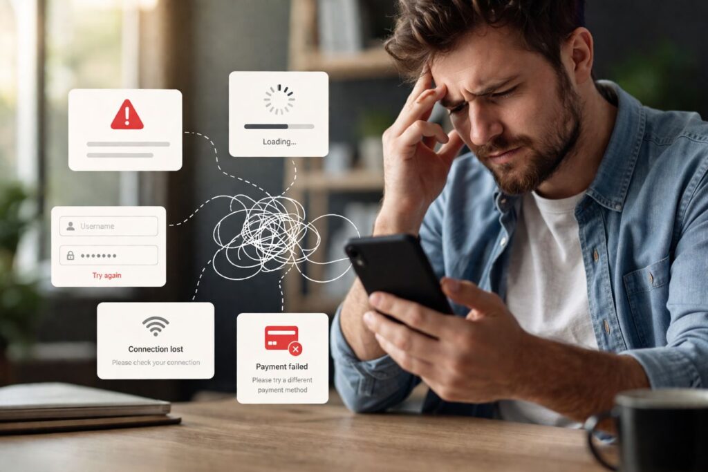 Frustrated user experiencing UX friction on a mobile app with error messages, loading delays, and failed interactions in a modern interface design environment