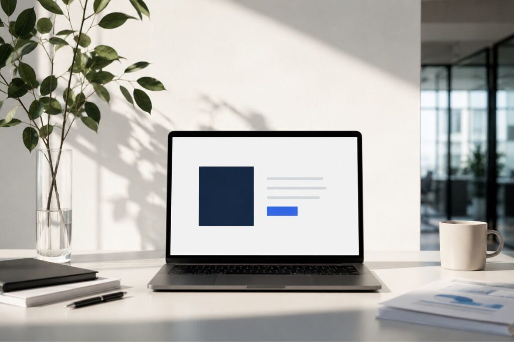 Minimal modern B2B workspace with clean sans-serif interface design, natural lighting, balanced white space, and professional branding aesthetics representing trust-focused typography and minimalist web design.